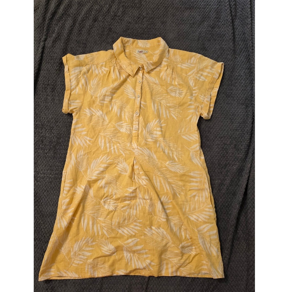 Faherty Yellow Tropical Palm Print Linen Blend Shirt Dress Large Pockets